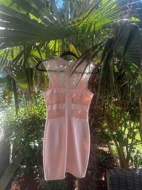 Dames a la Mode Pink Bodycon Lace Overlay Sleeveless Sheath Cocktail